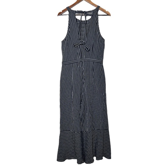Skies Are Blue Tie Back Black White Striped Pinafore Flare Leg Cropped Jumpsuit - Picture 12 of 16